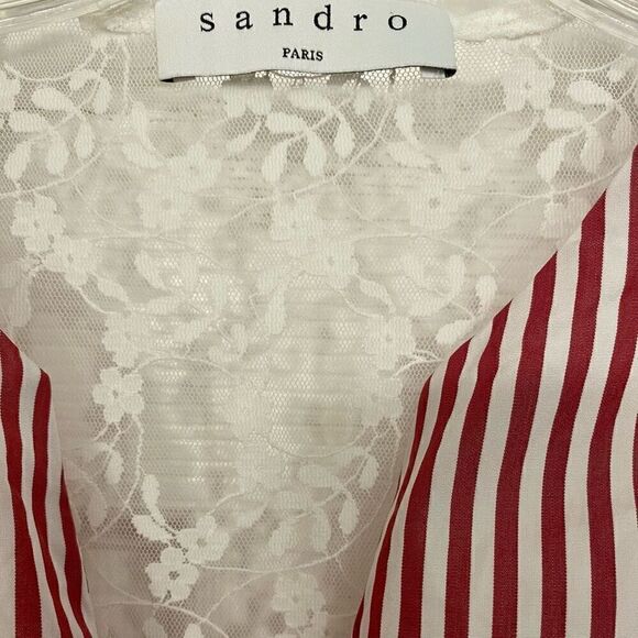 Sandro Red & White Striped Lace Back High Low Midi Dress Size 1/Extra Small - Picture 3 of 7